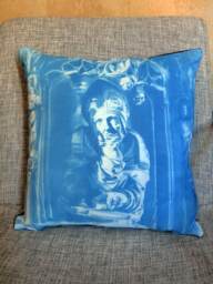 Handprinted Blue Pillow - Cyanotype With Velvet & Statue Motive - thumbnail 1