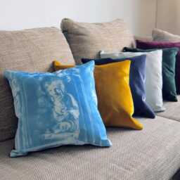 Handprinted Blue Pillow - Cyanotype With Velvet & Statue Motive - thumbnail 2