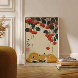 Sleeping Foxes Poster - Japanese Woodblock Style Red Autumn Orchard Art - thumbnail 2