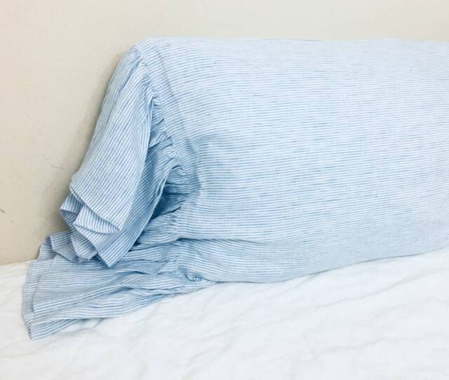 Pair Of Blue & White Ticking Striped Pillow Shams With Mermaid Long Ruffles, Cottage Shabby Chic, Available in All Sizes - image 1