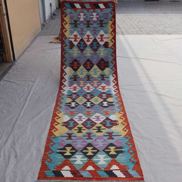 10 Ft Kilim Runner Rug, Multicolor Natural Veg Dyes Wool Handmade Afghan Rug, Geometric Boho Turkmen Tribal Hallway - image 1
