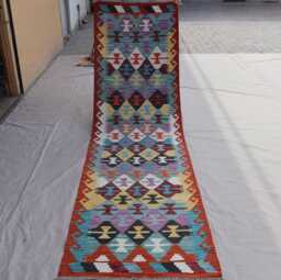 10 Ft Kilim Runner Rug, Multicolor Natural Veg Dyes Wool Handmade Afghan Rug, Geometric Boho Turkmen Tribal Hallway - thumbnail 1