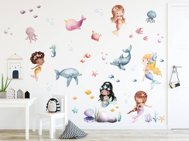 Watercolor Mermaid Wall Decal, Nursery Decor, Sea Animals Under The Sticker, Girl's Room Art, Removable - image 1