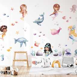 Watercolor Mermaid Wall Decal, Nursery Decor, Sea Animals Under The Sticker, Girl's Room Art, Removable - thumbnail 3