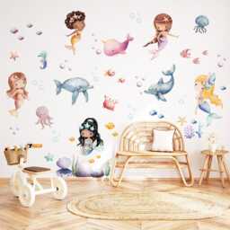 Watercolor Mermaid Wall Decal, Nursery Decor, Sea Animals Under The Sticker, Girl's Room Art, Removable - thumbnail 2