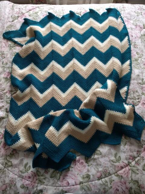 Blue & Beige Blanket With Zig-Zag Pattern - image 1