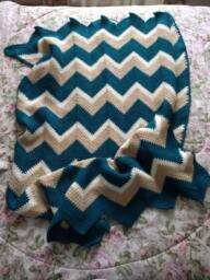 Blue & Beige Blanket With Zig-Zag Pattern - thumbnail 1