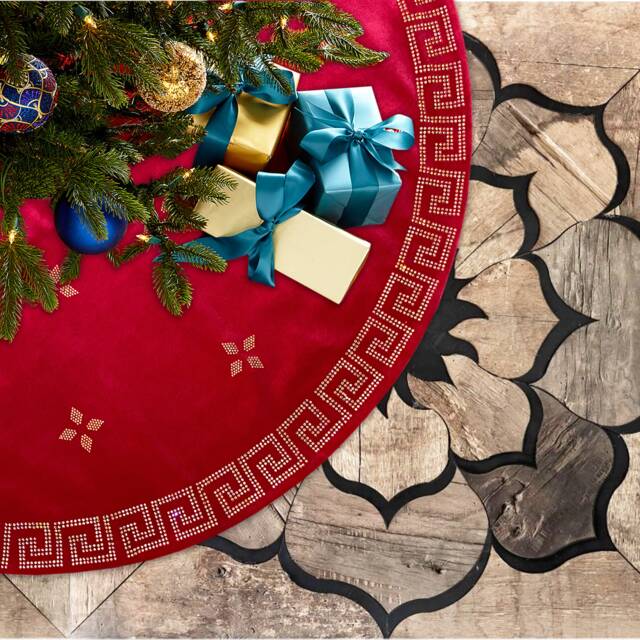 "Christmas Tree Skirt, Red Velvet Gold Or Silver Rhinestones, 20"" To 84" - image 1