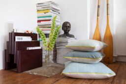 Soft Linen Cushion Made Of 100% Organic Linen, in Turquoise & Beige, As Desired, With Green Or Yellow Zipper