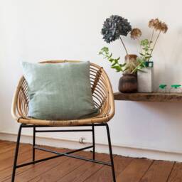 Soft Linen Cushion Made Of 100% Organic Linen, in Turquoise & Beige, As Desired, With Green Or Yellow Zipper - thumbnail 2