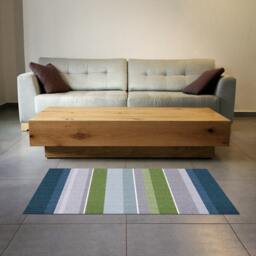 Printed Linoleum Rug - Strips in Green, Blue & Grey. Art Mat, Printed PVC Carpets
