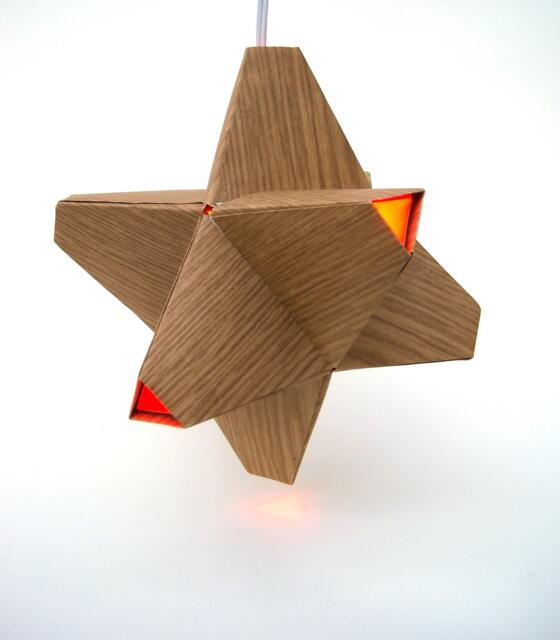 Paper Origami Lamp. Wood Grain & Orange. 24 Sides. - Polyhedra Luminaria Series - image 1