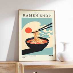 Ramen Shop Poster, Retro Japanese Noodle Wall Art Print, Minimalist Food Illustration, Modern Kitchen Decor, Unframed Bowl Artwork - thumbnail 3