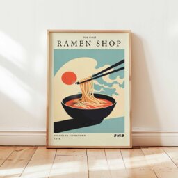 Ramen Shop Poster, Retro Japanese Noodle Wall Art Print, Minimalist Food Illustration, Modern Kitchen Decor, Unframed Bowl Artwork - thumbnail 1