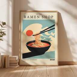 Ramen Shop Poster, Retro Japanese Noodle Wall Art Print, Minimalist Food Illustration, Modern Kitchen Decor, Unframed Bowl Artwork - thumbnail 2