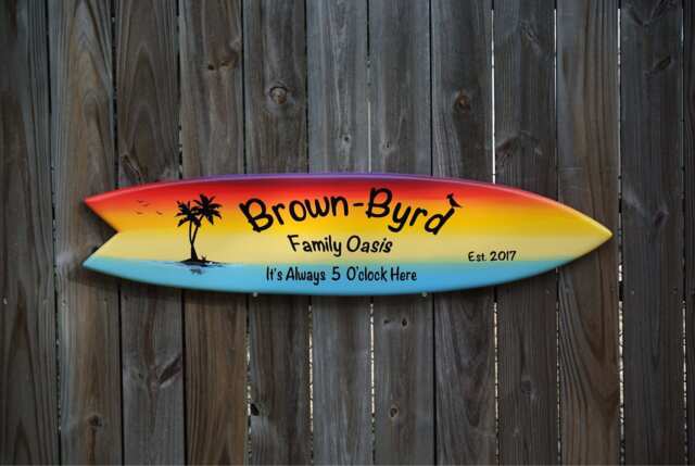 Pool Deck Decor Wood. Surfboard Wall Art With Family Name. Custom Sign For Outdoor Garden Decor. Christmas Gift Husband Wife - image 1