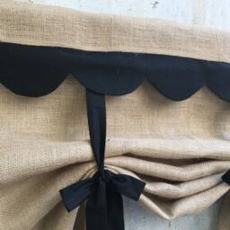 Scalloped Burlap Black Curtains Country Kitchen Primitive Tie Up Valance Rustic Jute Farmhouse Living Room Roll Window Blind - thumbnail 4