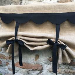 Scalloped Burlap Black Curtains Country Kitchen Primitive Tie Up Valance Rustic Jute Farmhouse Living Room Roll Window Blind - thumbnail 3