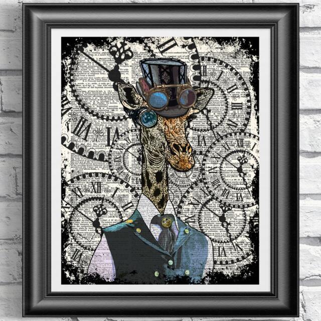 Steampunk Giraffe Painting Original Art, Steampunk Decor Print Animal Artwork, Funny Wall Art Poster, Monocle - image 1