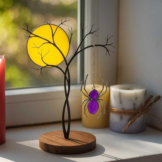 stained Glass Spider Tree Display, Real Gothic Desk Ornament With Yellow Sun, Unique Halloween Gift Spooky Season Decor - image 1