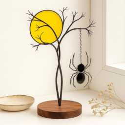 stained Glass Spider Tree Display, Real Gothic Desk Ornament With Yellow Sun, Unique Halloween Gift Spooky Season Decor - thumbnail 2