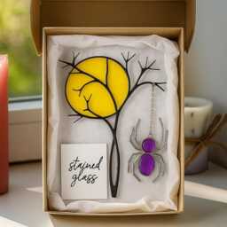 stained Glass Spider Tree Display, Real Gothic Desk Ornament With Yellow Sun, Unique Halloween Gift Spooky Season Decor - thumbnail 3
