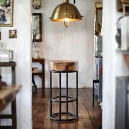68cm Industrial Metal Black Bar Stool Chunky Round Wooden Top Kitchen Side Table