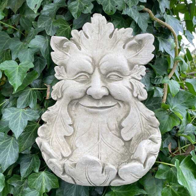 Green Man Bird Feeder Stone Hanging Plaque - Bath Statue Face Garden Ornament - image 1