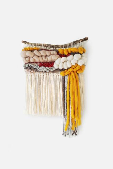 Woven Wall Hanging Boho Wool Cotton Tapestry, Yellow & Beige - image 1