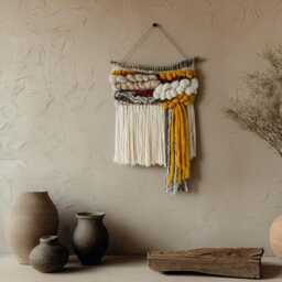 Woven Wall Hanging Boho Wool Cotton Tapestry, Yellow & Beige - thumbnail 2