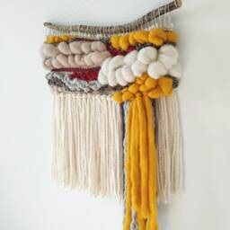 Woven Wall Hanging Boho Wool Cotton Tapestry, Yellow & Beige - thumbnail 4