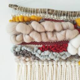 Woven Wall Hanging Boho Wool Cotton Tapestry, Yellow & Beige - thumbnail 3