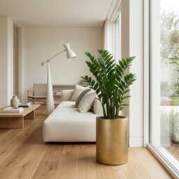 Gold Light Concrete Round Indoor Plant Pot, Contemporary Modern Planter, Stylish Houseplant Pot For Living Room Office Hallway Decor