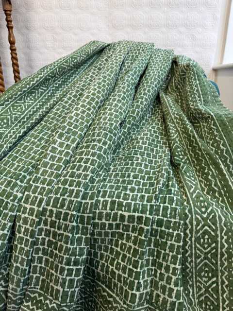 Kantha Stitch Pure Cotton Reversible Bed/Sofa Throw King Size - Handmade Handprinted Floral Dohar Olive Green Gingham - image 1