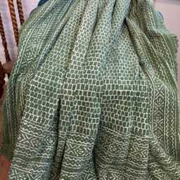 Kantha Stitch Pure Cotton Reversible Bed/Sofa Throw King Size - Handmade Handprinted Floral Dohar Olive Green Gingham - thumbnail 2