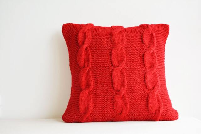 Hand Knitted Red Cable Knit Pillow Cover, Mother Of Pearl Buttons - image 1