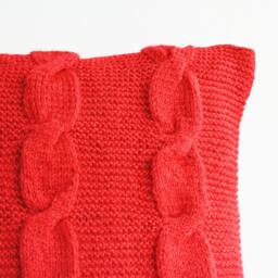 Hand Knitted Red Cable Knit Pillow Cover, Mother Of Pearl Buttons - thumbnail 2