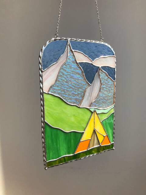 stained Glass Mountains Suncatcher Picture Hill Landscape Wigwam Home Decor Window Wall Cling Mothers Gift Hanging - image 1