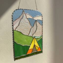 stained Glass Mountains Suncatcher Picture Hill Landscape Wigwam Home Decor Window Wall Cling Mothers Gift Hanging - thumbnail 3