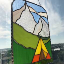 stained Glass Mountains Suncatcher Picture Hill Landscape Wigwam Home Decor Window Wall Cling Mothers Gift Hanging - thumbnail 2