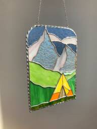 stained Glass Mountains Suncatcher Picture Hill Landscape Wigwam Home Decor Window Wall Cling Mothers Gift Hanging - thumbnail 1