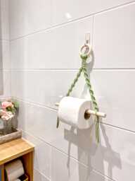 Sage Green Wall Mounted Toilet Roll Holder, Small Boho Bathroom Storage, Macrame Loo Accessory
