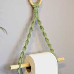 Sage Green Wall Mounted Toilet Roll Holder, Small Boho Bathroom Storage, Macrame Loo Accessory - thumbnail 2