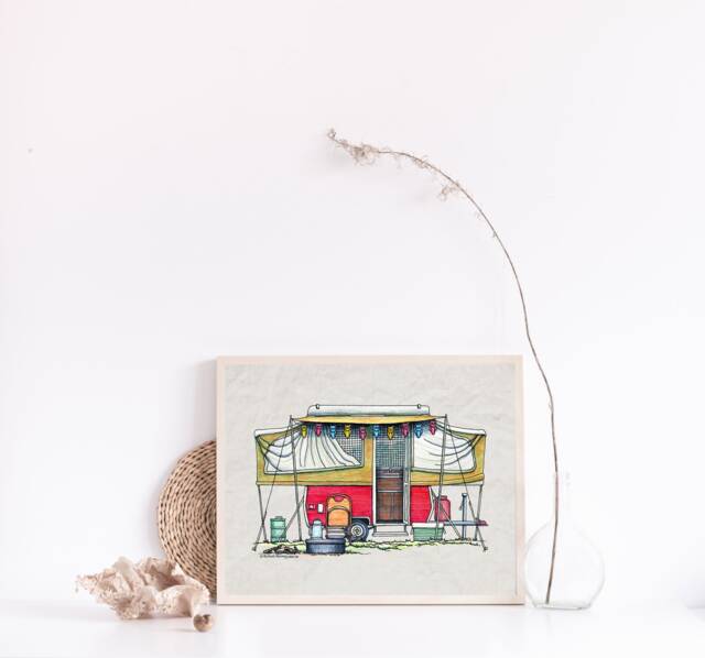 Pop Up Camper - Travel Trailer Van Vanlife Happy Art Print Whimsical Wall Decor Glamping - image 1