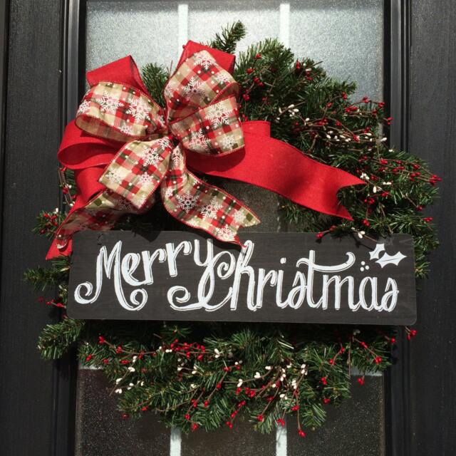Christmas Wreath Traditional Wreath With Chalkboard Merry Sign, Winter Wreath, Holiday Decoration, Berries - image 1