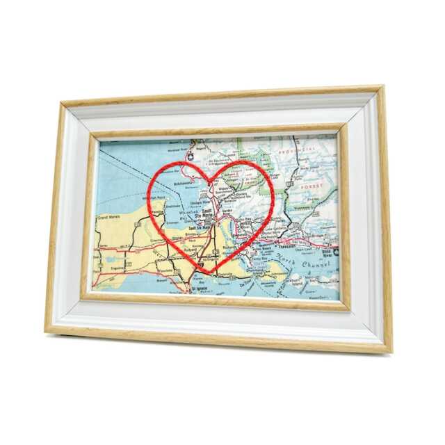 Sault Ste Marie Heart Map - Custom Gift Framed Anniversary Wedding Vintage Print With Hand-Embroidered - image 1