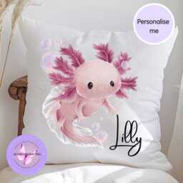Personalised Axolotl Cushion, Custom Name Pillow, Kids Bedroom Decor, Pink Or Black Animal Nursery Gift, 40x40 Cushion - thumbnail 1