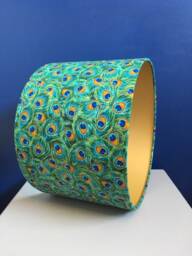 Teal & Gold Peacock Feather Print Lampshade, Handmade With Turquoise & Navy Fabric, Made To Order in Various Sizes/Linings