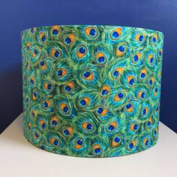 Teal & Gold Peacock Feather Print Lampshade, Handmade With Turquoise & Navy Fabric, Made To Order in Various Sizes/Linings - thumbnail 2