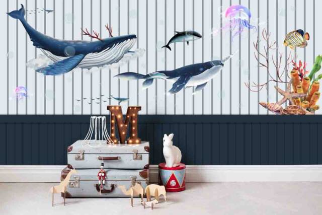 3D Whale Wallpaper, Coral Reef Wall Mural, Peel & Stick, Kids Decor - image 1